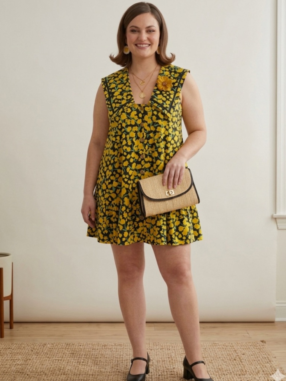 🌼 NWT Anthropologie Maeve Yellow Daisy Poplin Swing Mini Dress XL Mod Cottage